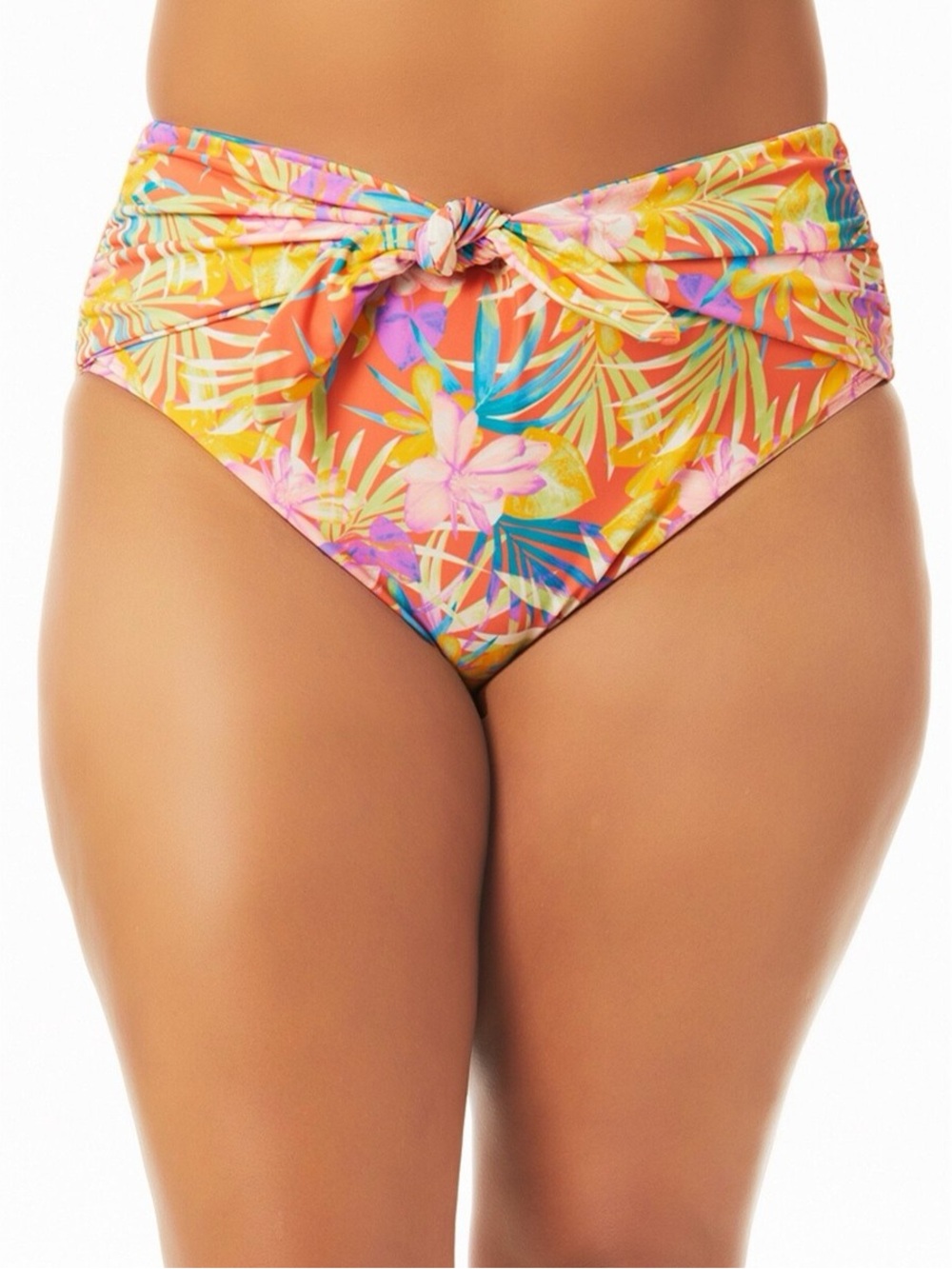 Tropical‎ Tie-Front High Waist Bikini Bottoms - Coral Floral